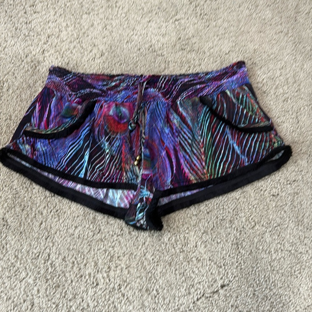 $72 Pilyq Plume Purple Black Satin Pom Pom Swim Cover Up Shorts M/L